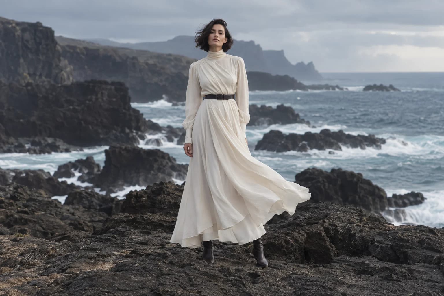 Fashion campaign featuring an ivory dress on a rocky coastline
