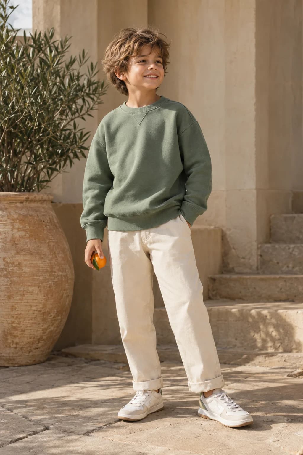 Childrenswear campaign featuring a sage green sweatshirt