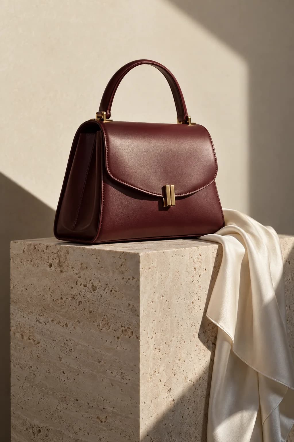 Burgundy leather bag photographed with silk and travertine