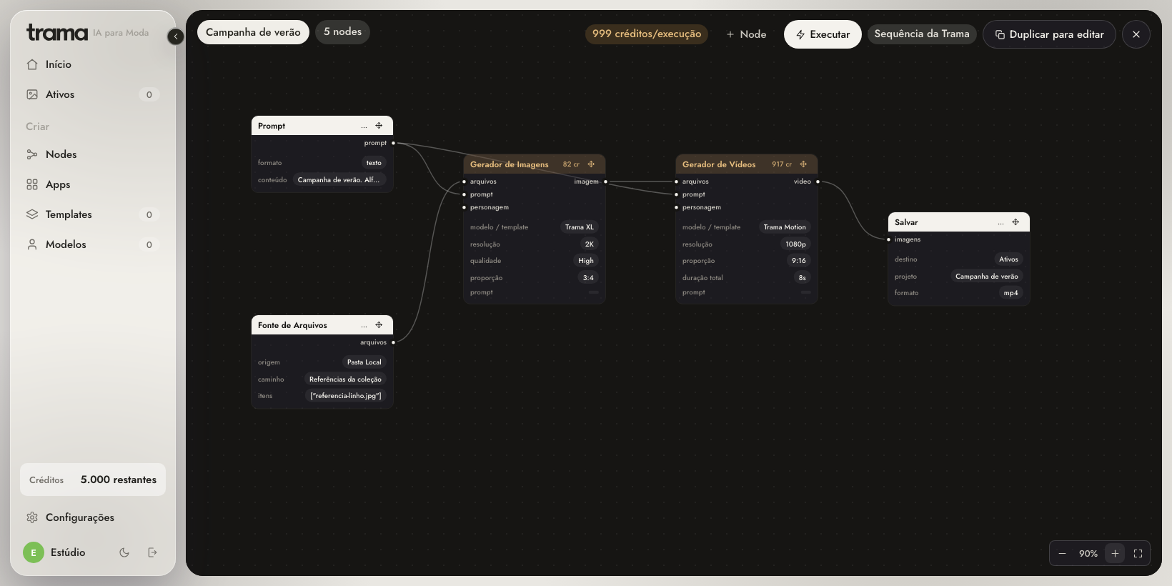 Trama interface with a sidebar and a campaign workflow connecting Prompt, File Source, Image Generator, Video Generator and Save. The captured product UI is in Portuguese.